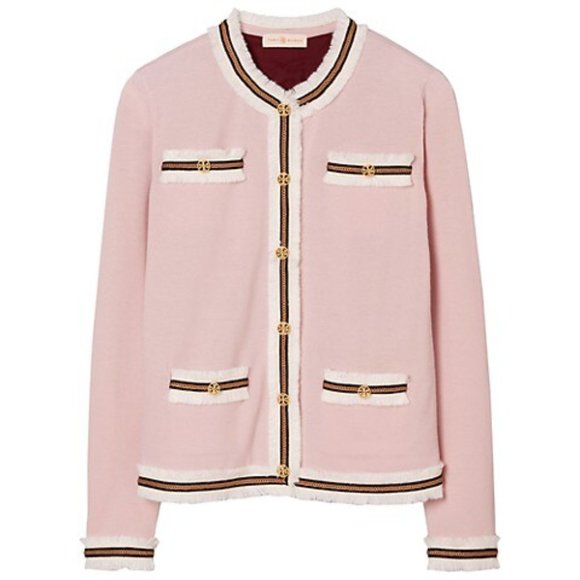 NEW TORY BURCH Kendra Fringe Button Wool Cardigan PINK Classic Chanel Style - Picture 1 of 12